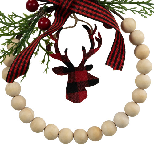 Plaid Reindeer with Pine and Berries Christmas Wreath Ornament - 7.5"
