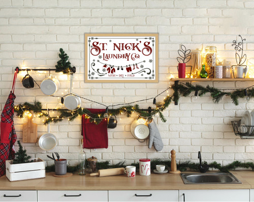 St Nick's Laundry Company Laundry Room 14.5" x 20.5" Framed Christmas Wall Decor  Sign Poster in a Natural Wooden Frame with UV Acrylic and Hangers