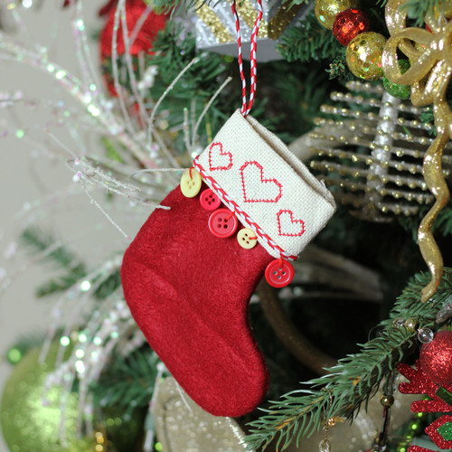 6.5" Red and Tan Embroidered Hearts and Buttons Christmas Stocking Ornament