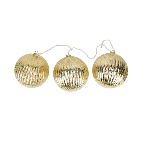 3-Count Gold Ribbed Ball Ornaments Christmas Light Set 1.5ft White Wire
