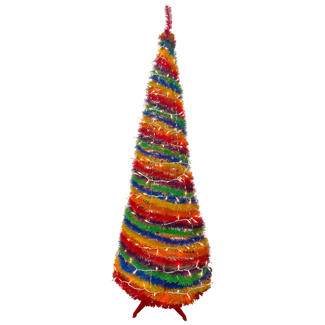 6' Pre-Lit Rainbow Tinsel Pop-Up Artificial Christmas Tree, Clear Lights