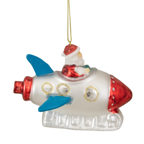 4.25" Santa in a Silver Rocket Ship Glass Christmas Ornament