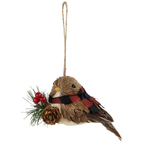 Woodland Baby Bird with Plaid Winter Scarf Christmas Ornament - 5.5"