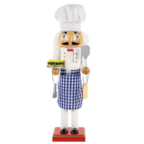 14" White and Blue Chef with Gingham Apron Wooden Christmas Nutcracker