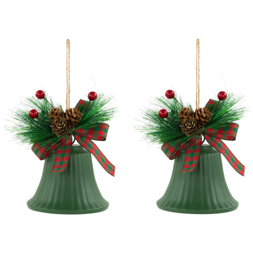 Christmas Bells with Pinecones and Plaid Bow Ornaments - 7" - Green - Set of 2