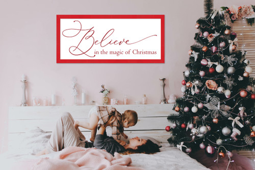 Oversize Believe in the Magic of Christmas 19" x 43.5" Framed Christmas Wall Decor  Sign Poster in a Red Wooden Frame with UV Acrylic and Hangers