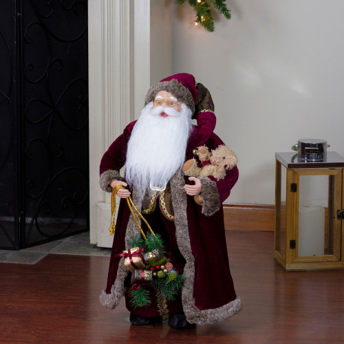 24" Burgundy Santa Claus with Teddy Bear Christmas Figure