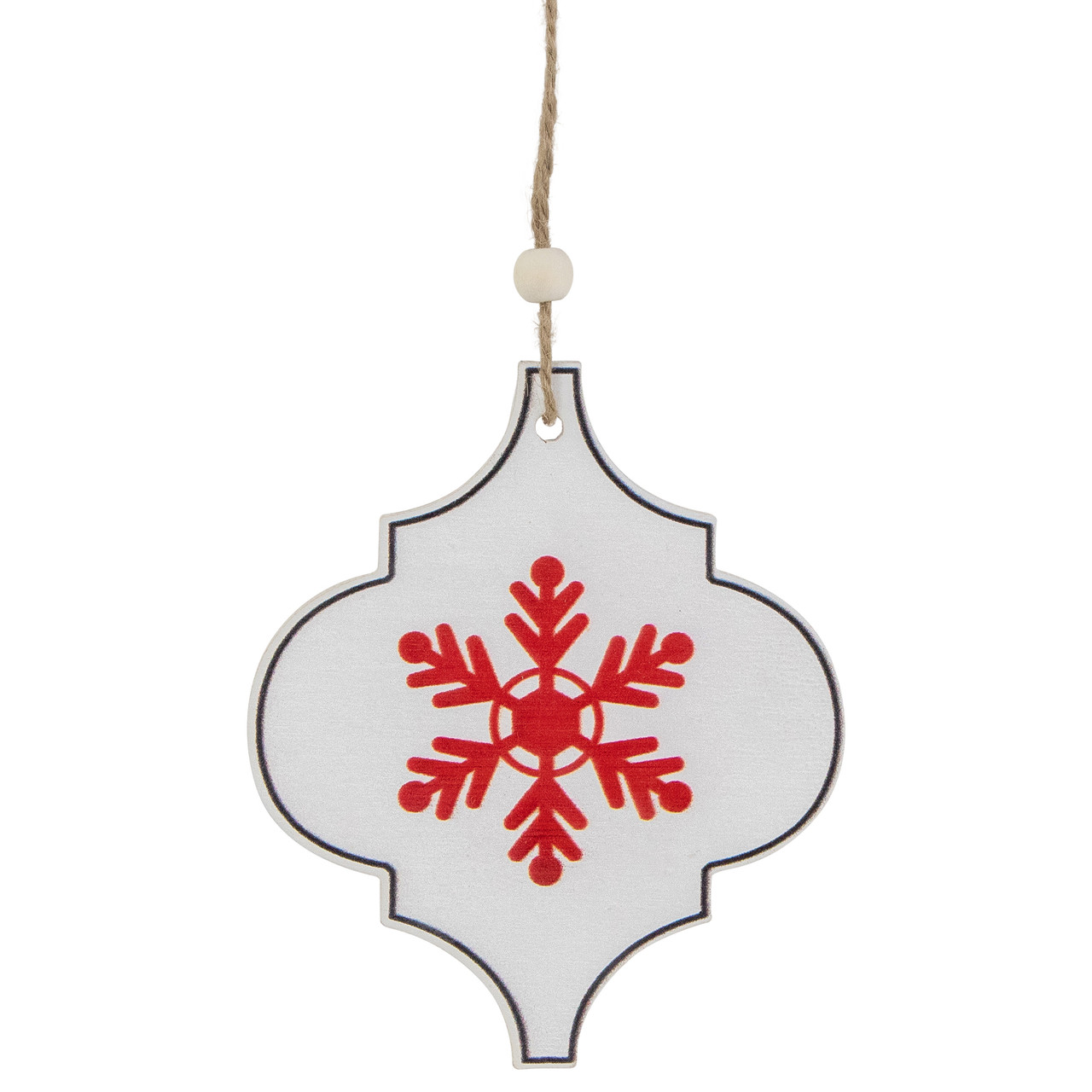 4.5" White and Red Snowflake Christmas Wooden Ornament