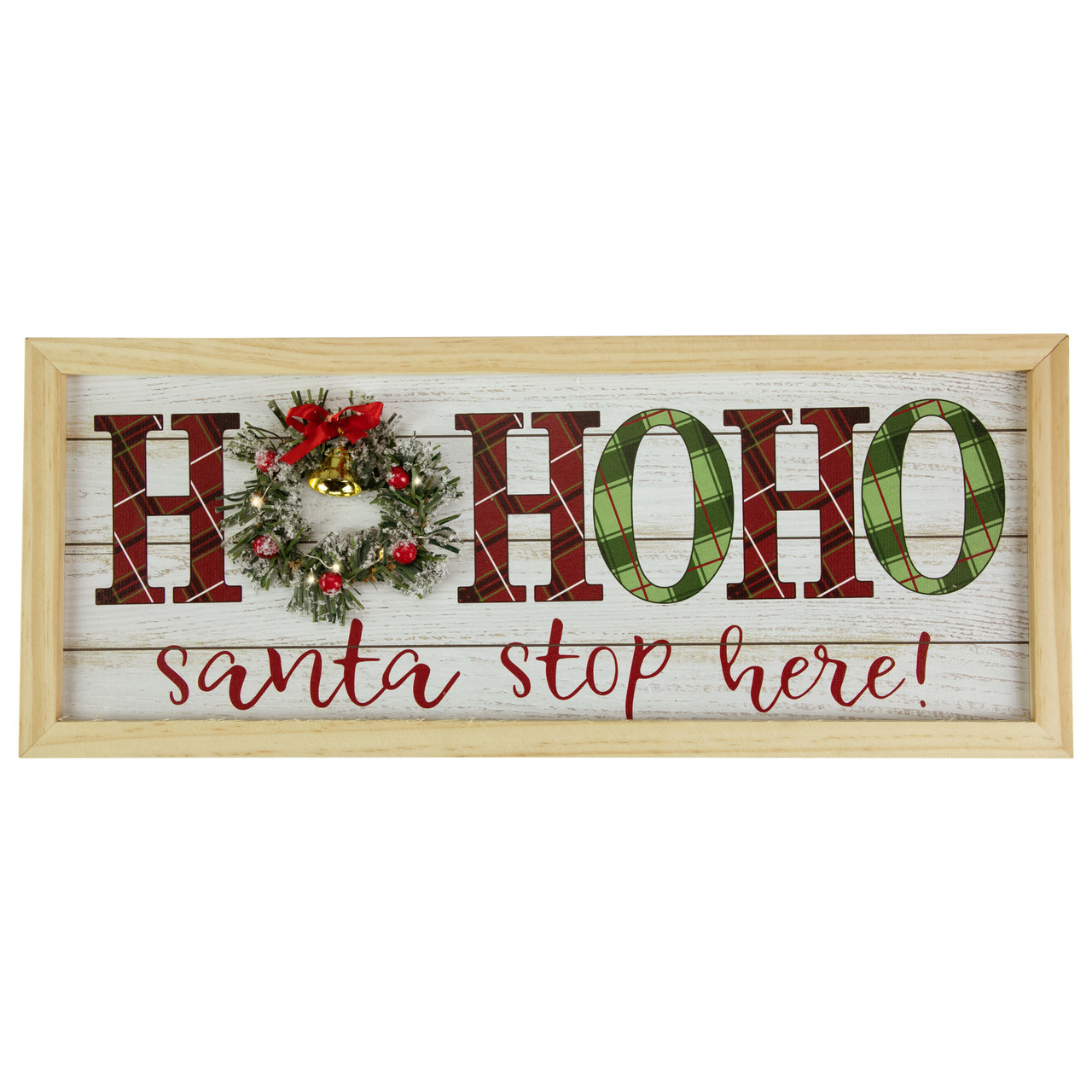 19.75" LED Lighted Plaid 'Ho Ho Ho' Wooden Christmas Wall Sign