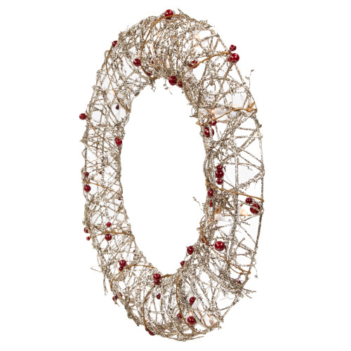 18" Pre-Lit Champagne Gold Glittered Rattan Berry Artificial Christmas Wreath - Clear Lights