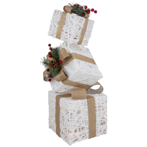 LED Lighted Stacked Gift Boxes Christmas Decoration - 25.25" - White and Beige