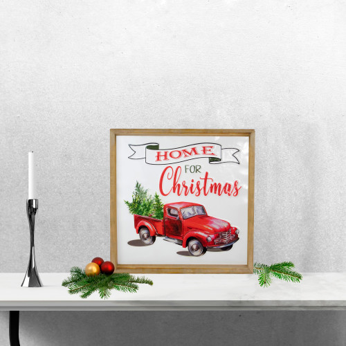 16" Red Vintage Truck With a Forest Tree "Home For Christmas" Metal With a Wooden Frame Wall Decor