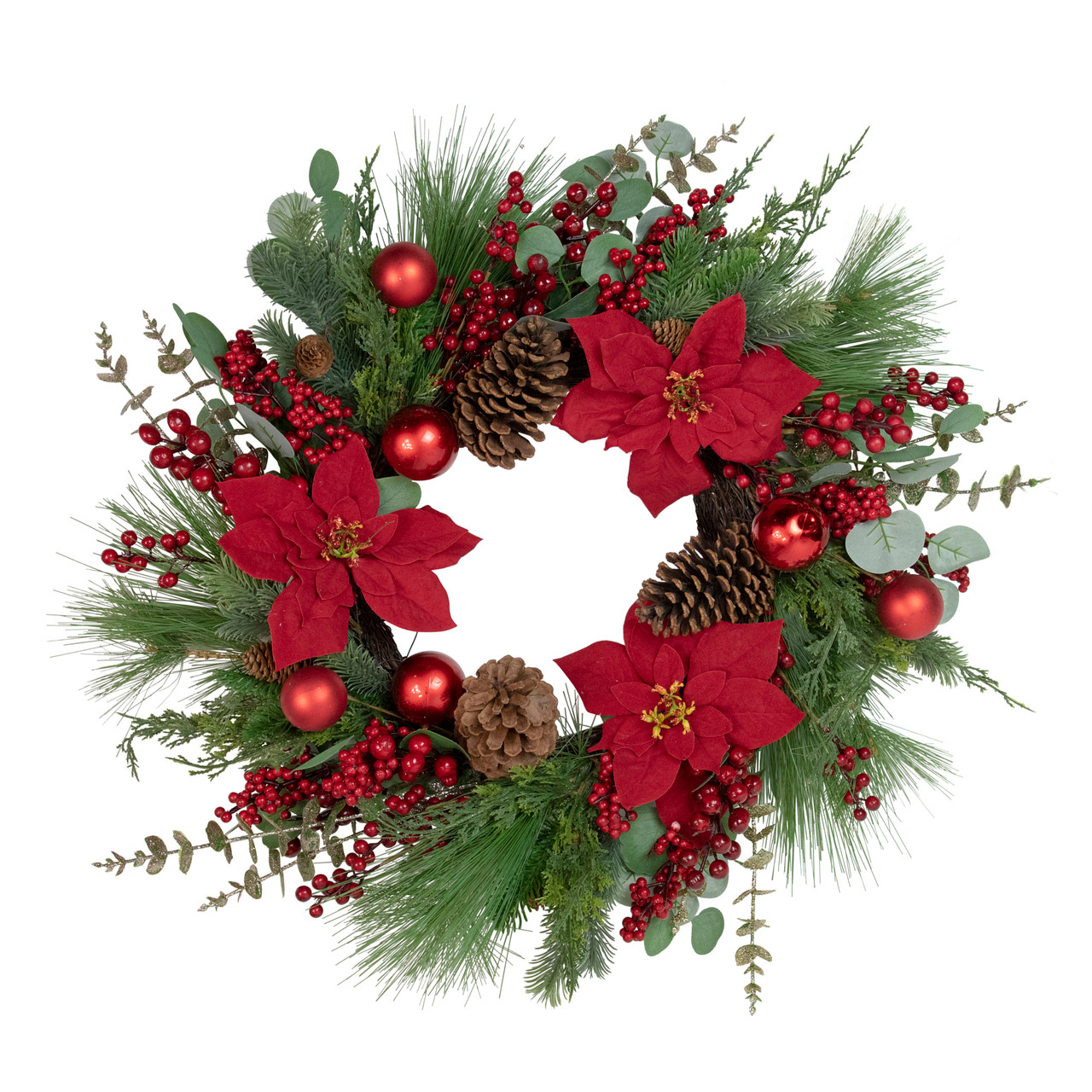 Artificial Red Berry and Poinsettia Christmas Wreath, 28-Inch, Unlit