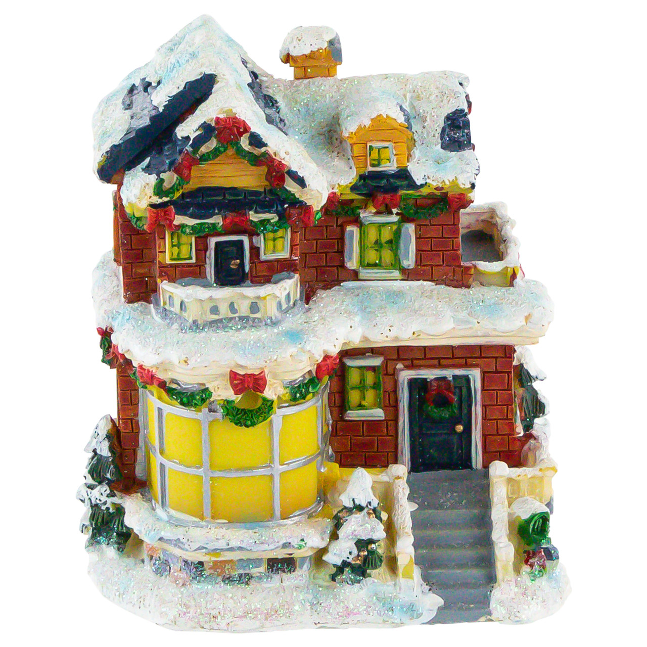 Two Story Snowy House with Garland and Wreaths Christmas Village Decoration - 4"