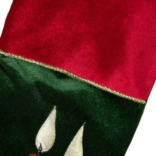 20" Dark Green and Burgundy Candle and Pine Cone Velveteen Christmas Stocking