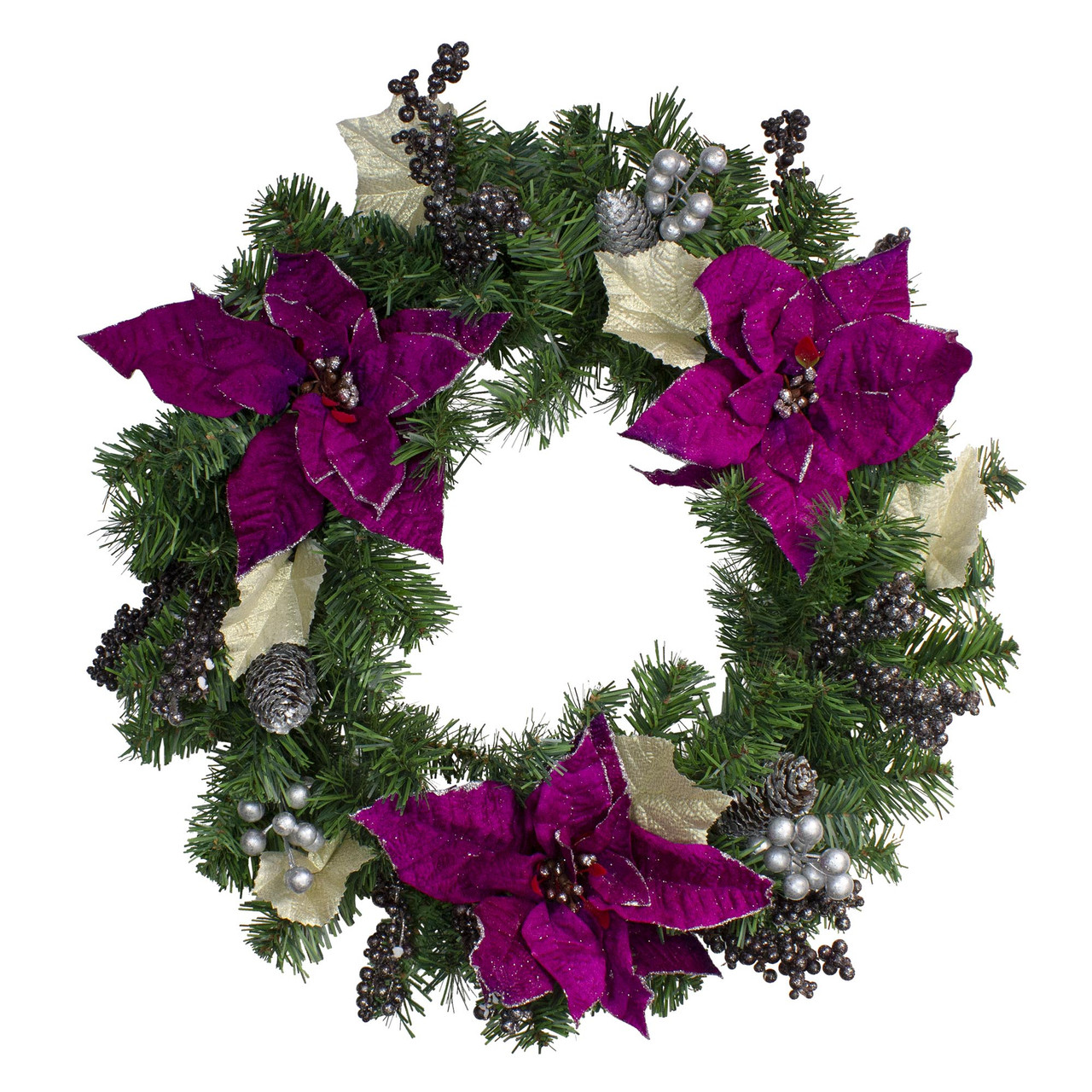 Poinsettia and Pine Cone Berries Artificial Christmas Wreath - 24" - Purple - Unlit