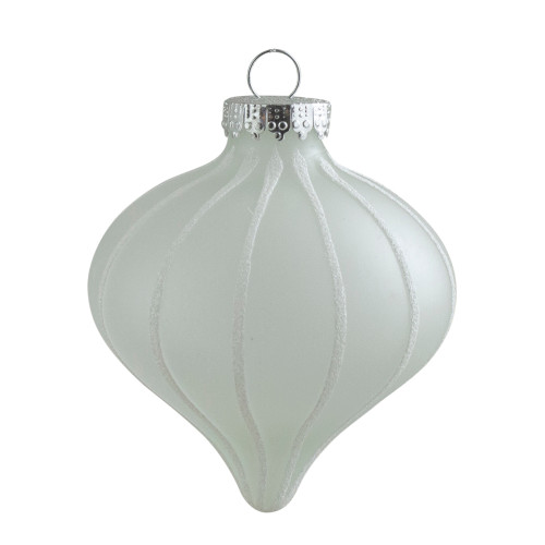 3ct Clear and White Matte Frosted Glitter Stripes Glass Christmas Onion Drop Ornaments 3.25" (75mm)