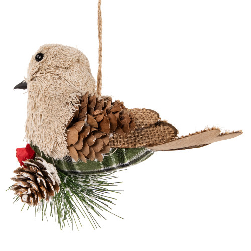 Front Facing Bird on Frosted Pine Needle Christmas Ornament - 6.75"