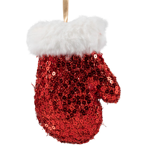 Sequined Winter Mitten with Plush Trim Christmas Ornament -  6" - Red