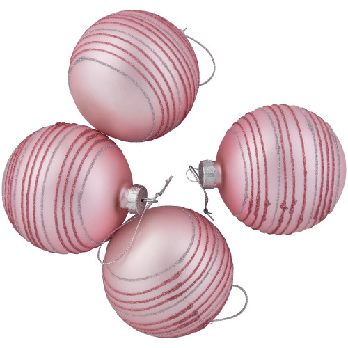 Set of 4 Pink Glitter Striped Glass Christmas Ball Ornaments 3" (80mm)