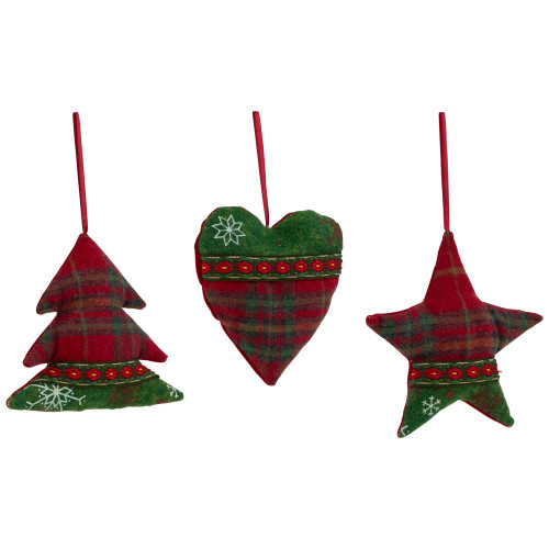 Plaid Heart, Tree and Star Christmas Ornaments - 5" - Red and Green - Set of 3