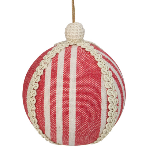 4.75" Red and White Striped Ball Christmas Ornament with Rope Accent