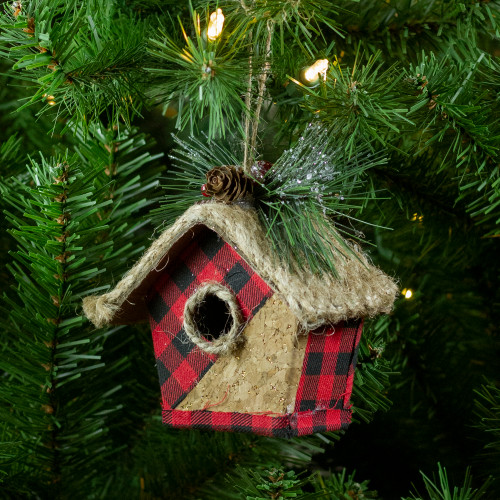 5.75" Red and Black Buffalo Plaid Hanging Bird House Christmas Ornament
