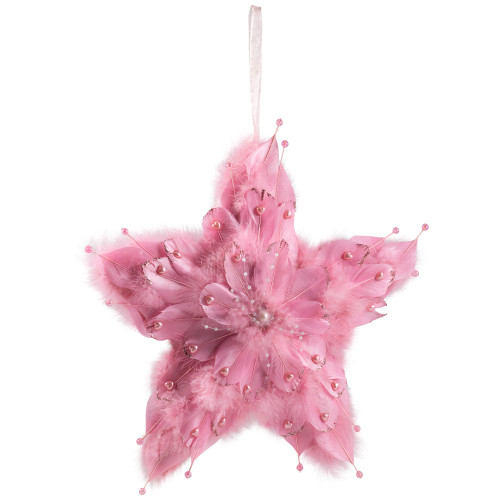 Feather Star Glittered Christmas Ornament with Hearts -12" - Pink