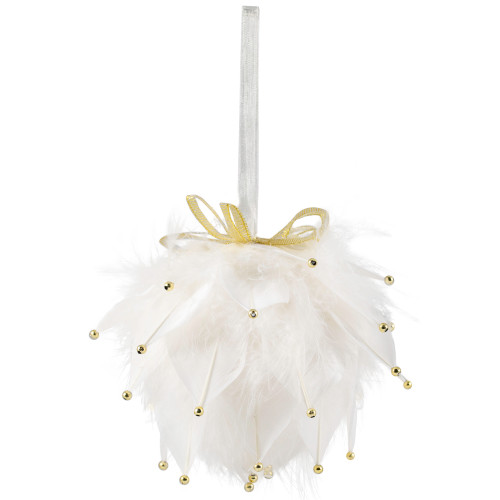 Feathers with Bead Accents Christmas Ball Ornament - 5" - White