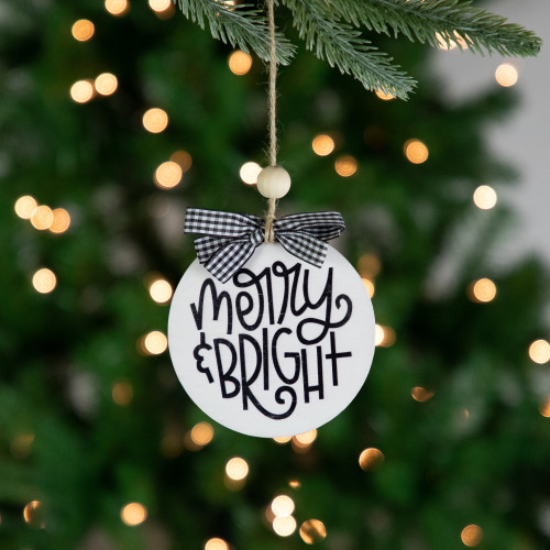 4" Black and White Merry & Bright Christmas Disc Wooden Ornament with Plaid Bow