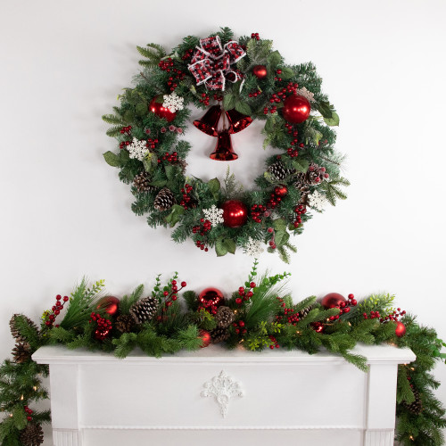 Red Bells and Mixed Foliage Artificial Christmas Wreath, 30-Inch, Unlit