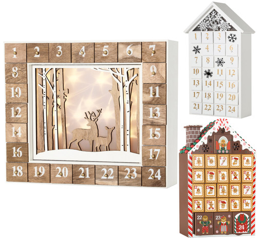 BRUBAKER Reusable Wooden Advent Calendar to Fill - White Winter Landscape with LED Lighting - DIY Christmas Calendar 13.98 x 2.36 x 10.63 inches