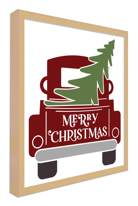 Red Christmas Truck 10.5" x 11.5" Framed Christmas Wall Decor Art Print Sign Poster in a Natural Wooden Frame with UV Acrylic and Hangers
