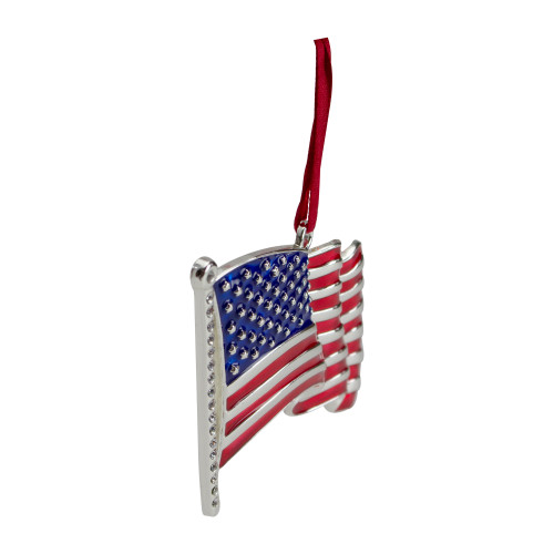 3.25" Silver Plated American Flag with European Crystals Christmas Ornament