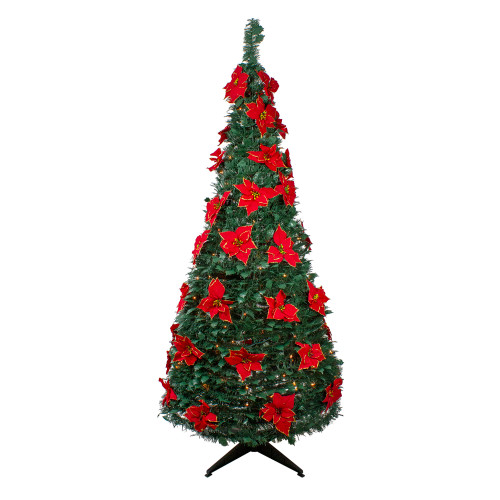 6' Pre-Lit Slim Pre-Decorated Poinsettia Pop-Up Artificial Christmas Tree