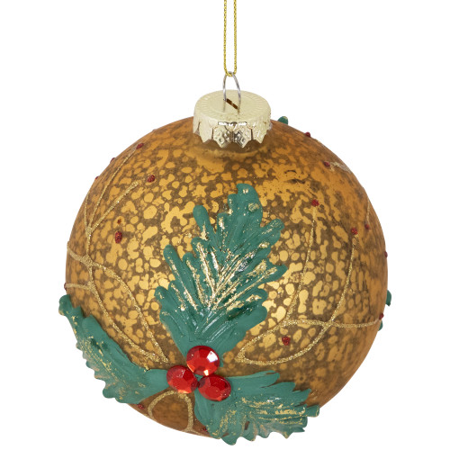 4" Gold Holly Berry Mercury Glass Ball Christmas Ornament