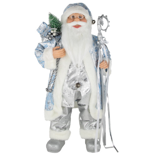 24" Blue and Silver Ice Palace Santa Claus with Staff and Bag Christmas Figure