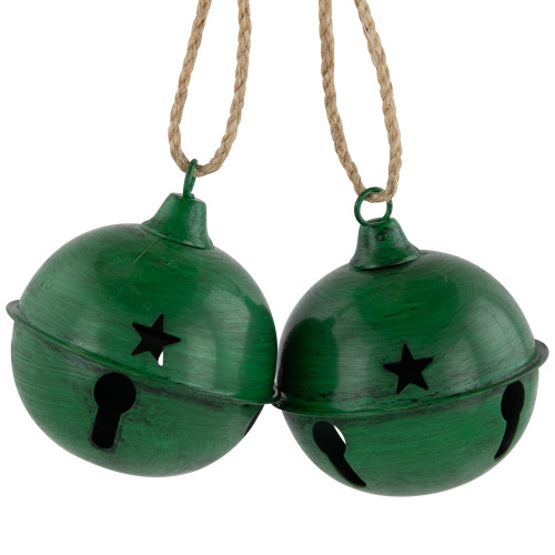 Antiqued Christmas Jingle Bells Ornaments - 3" - Green - Set of 2