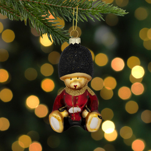 4" Teddy Bear Soldier Glass Christmas Hanging Ornament