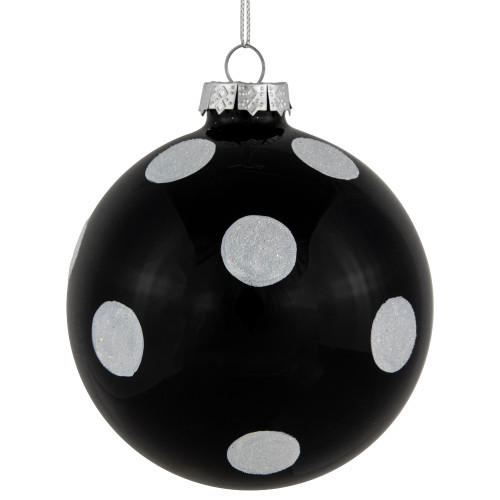 Set of 2 Black and White Glittered Polka Dot Glass Christmas Ball Ornaments 4"