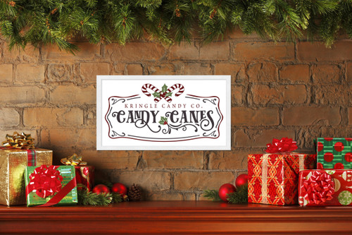 Kringle Candy Co Candy Canes 11.5" x 21.5" Framed Christmas Wall Decor Art Print Sign Poster in a Natural Wooden Frame with UV Acrylic and Hangers