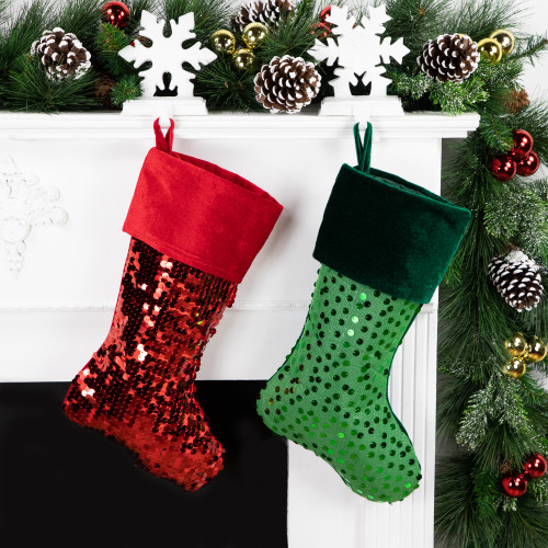 20" Shiny Metallic Green Sequined Christmas Stocking with Velveteen Cuff