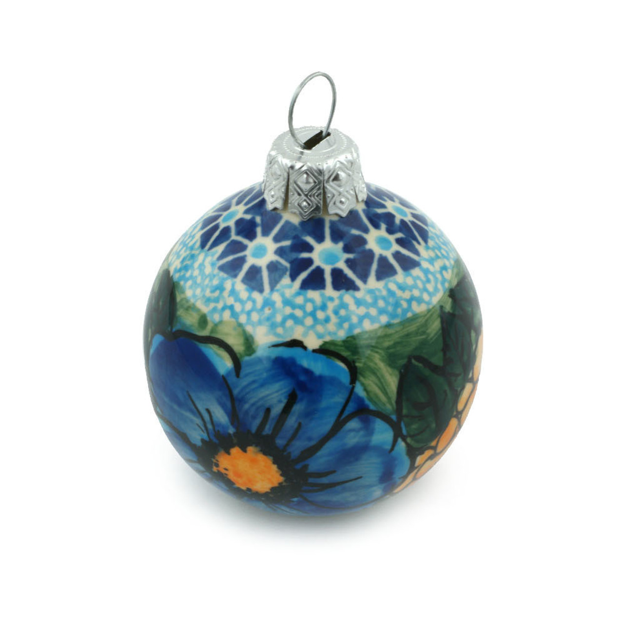 Polmedia Polish Pottery Christmas Ball Ornament 3" Corn In The Blue