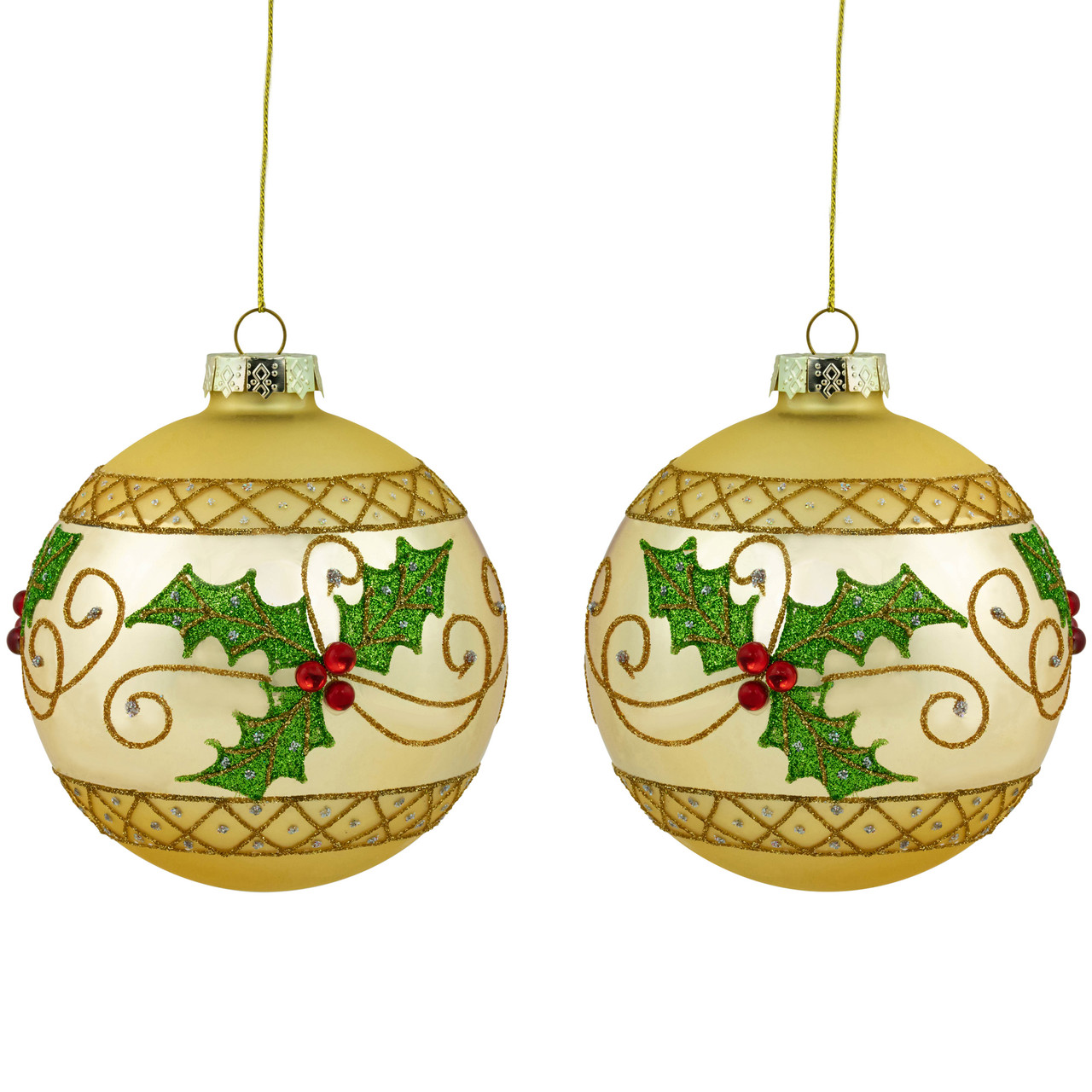 Set of 2 Golden Glittered Holly and Berries Christmas Glass Ball Ornaments 4"