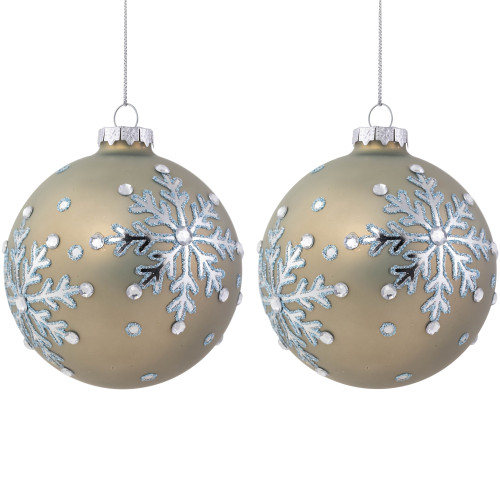 Set of 2 Matte Dusty Khaki Glittered Snowflakes Jeweled Glass Christmas Ball Ornaments 4"
