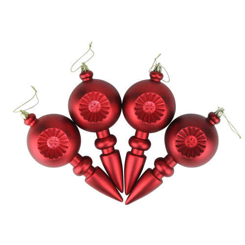 4ct Matte Red Hot Retro Reflector Shatterproof Christmas Finial Ornaments 7.5"