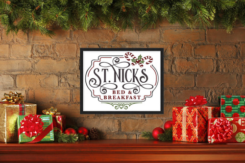 St Nick's Bed and Breakfast 15.5" x 19.5" Framed Christmas Wall Decor Art Print Sign Poster in a Black Wooden Frame with UV Acrylic and Hangers