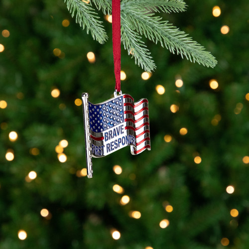 6.25" Silver Plated US First Responders Christmas Ornament with European Crystals