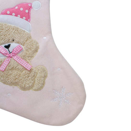 Baby's 1st Christmas Embroidered Teddy Bear Stocking - 19" - Pink and White