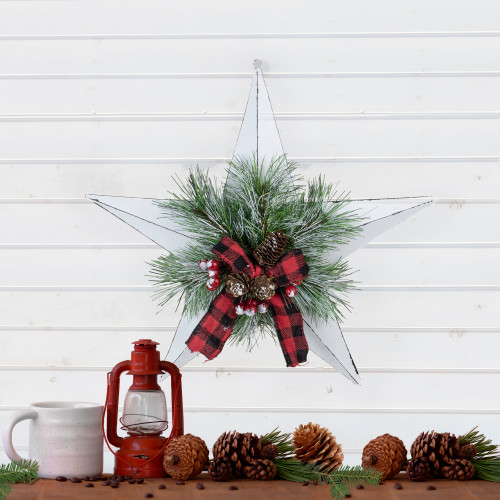 17" White 5 point Christmas Star With Plaid Ribbon with Artificial Pine